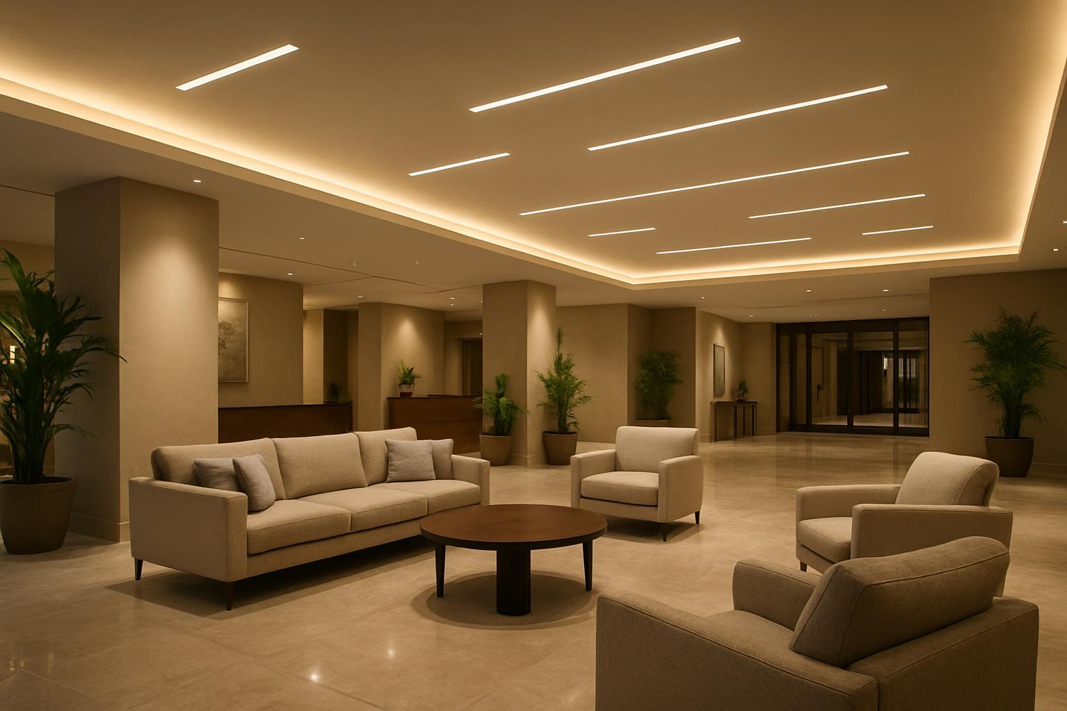 Hotel lobby lounge with warm ambient lighting and clean ceiling panel lights