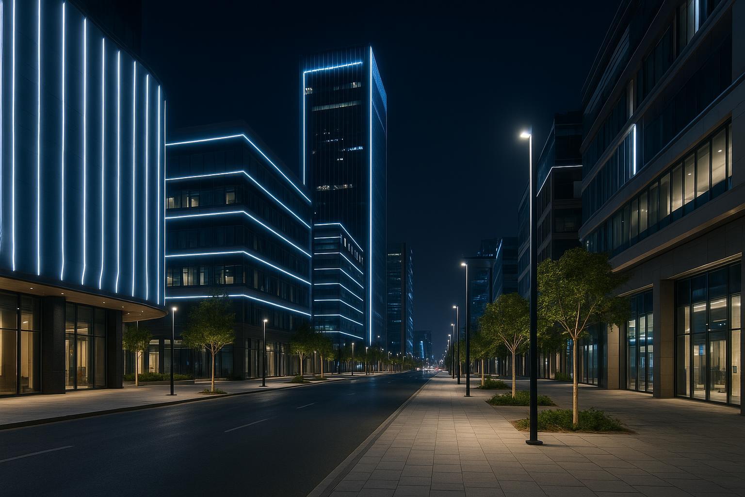 Night-time modern city street with architectural LED lighting and a smart-city feel