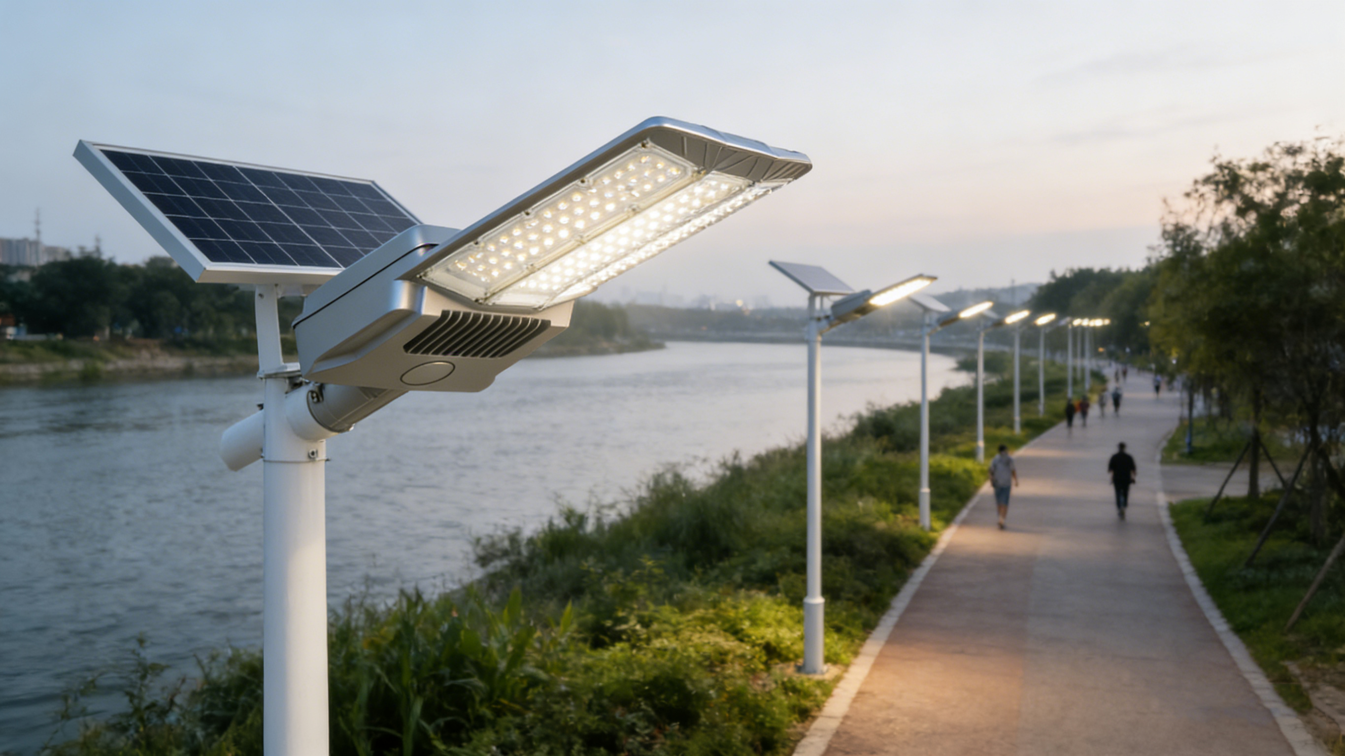 图片7-15：（Solution + Application）小标题8：市政道路亮化 KEOU solar street lights light riverside park walkways after dark.png