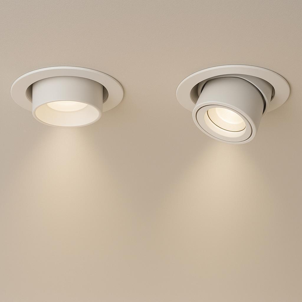 Fixed vs adjustable gimbal recessed downlights with different beam directions