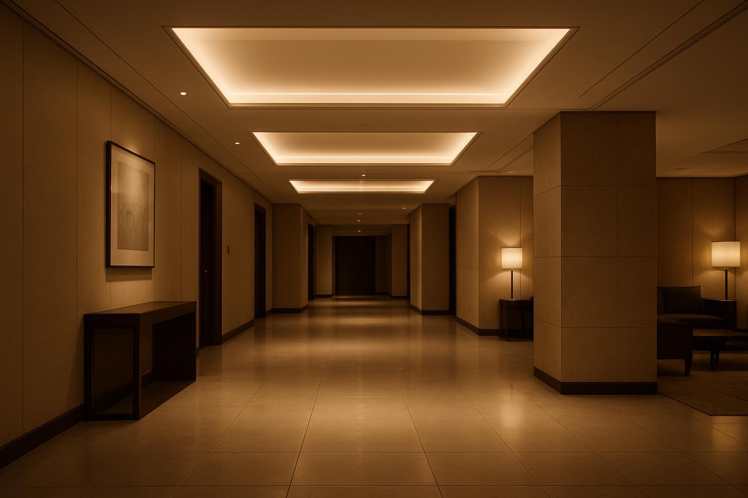 Modern office meeting room evenly lit by ceiling panel lights, wide shot