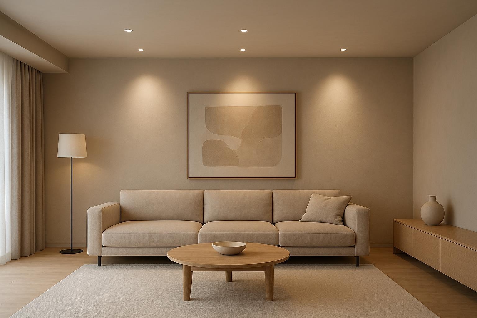Fotorealistisches Wohnzimmer mit geschichteter Einbaubeleuchtung (Ambiente-Downlight + dezenter Spotlight-Akzent)