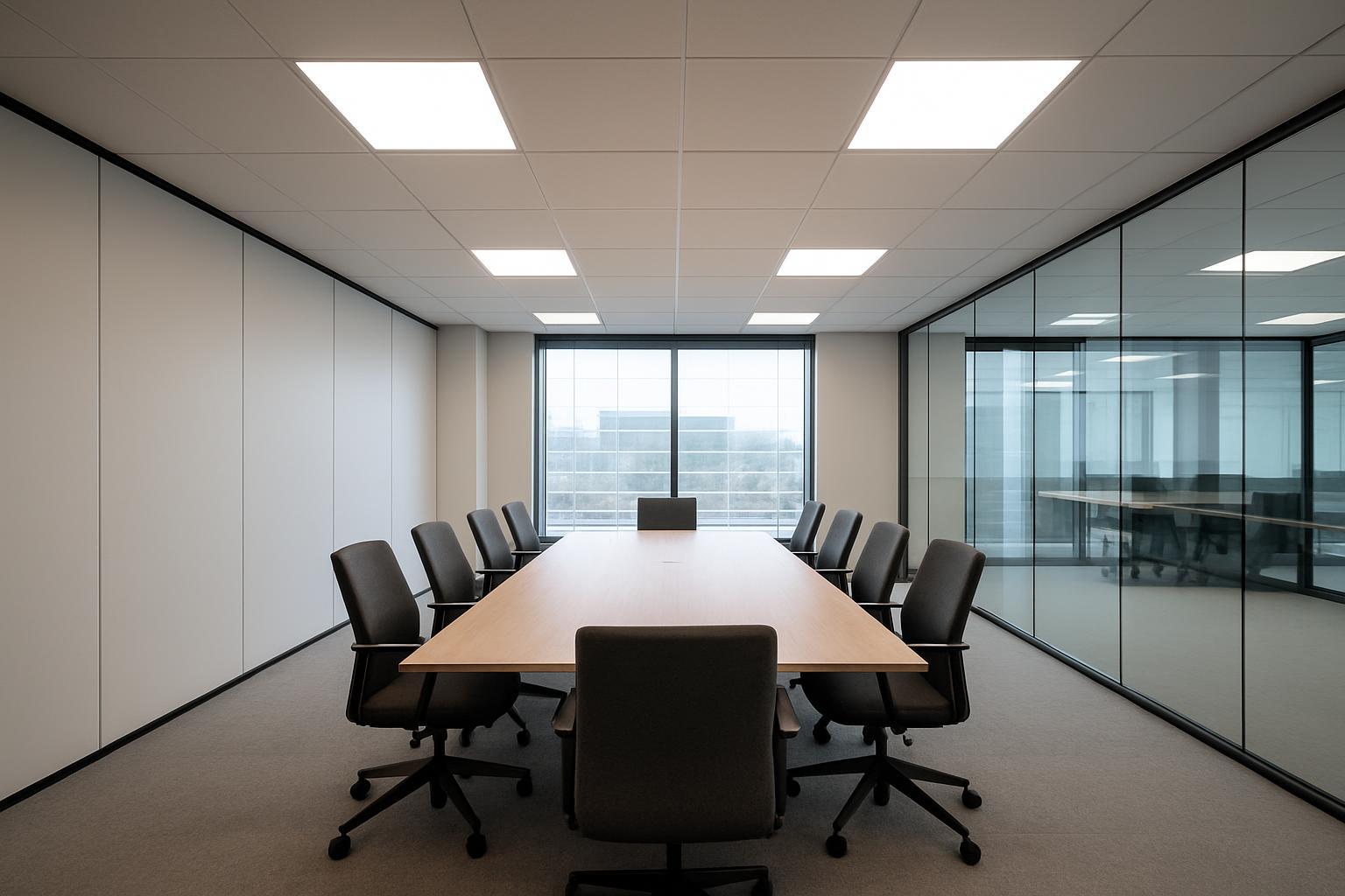 Modern retail interior scene lit by ceiling panel lights, wide shot