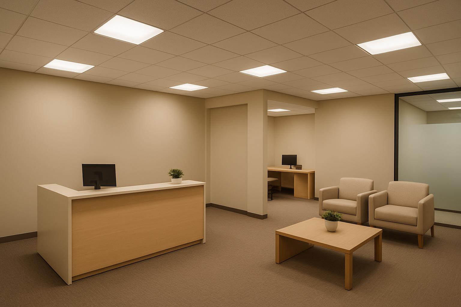 Business reception area with comfortable ceiling panel lighting, wide shot