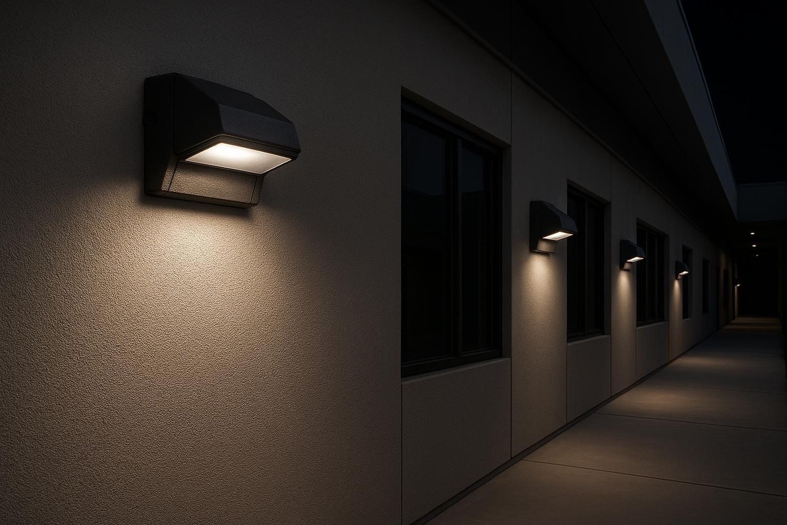 Nighttime industrial yard and warehouse loading area illuminated by LED floodlights