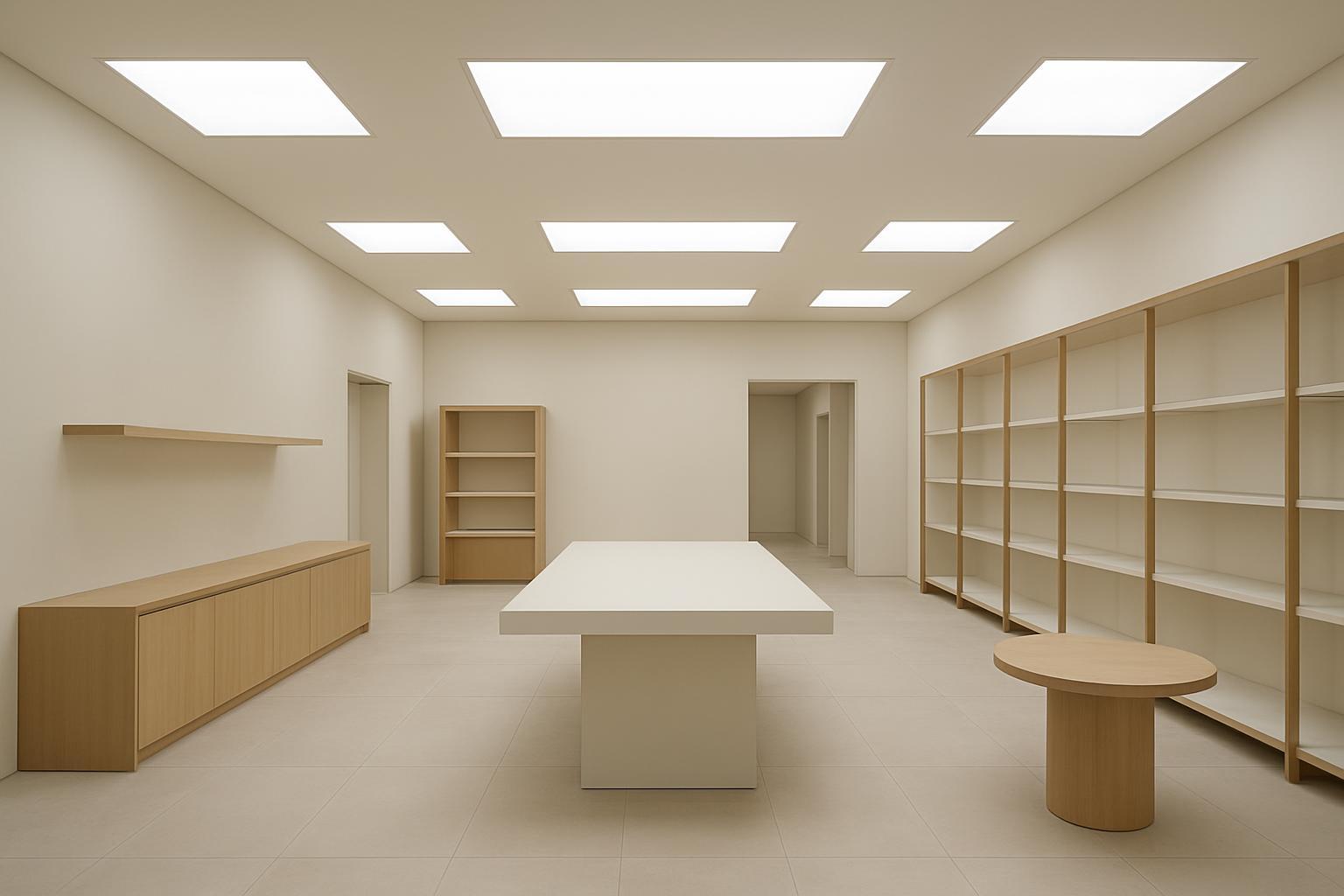 Modern retail showroom with ceiling LED panel lights, neutral white lighting