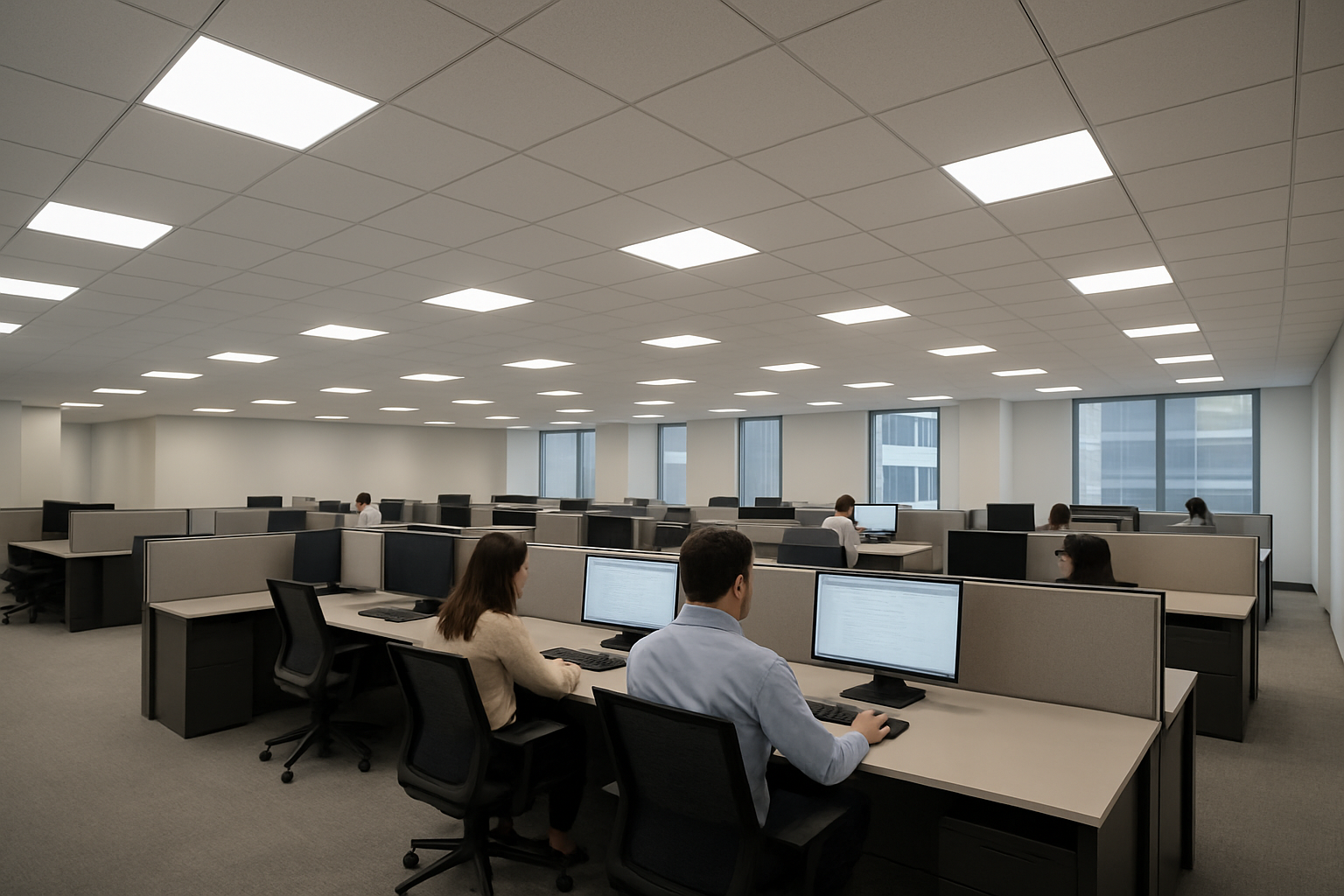 Modern office lighting with LED panel lights designed to reduce glare