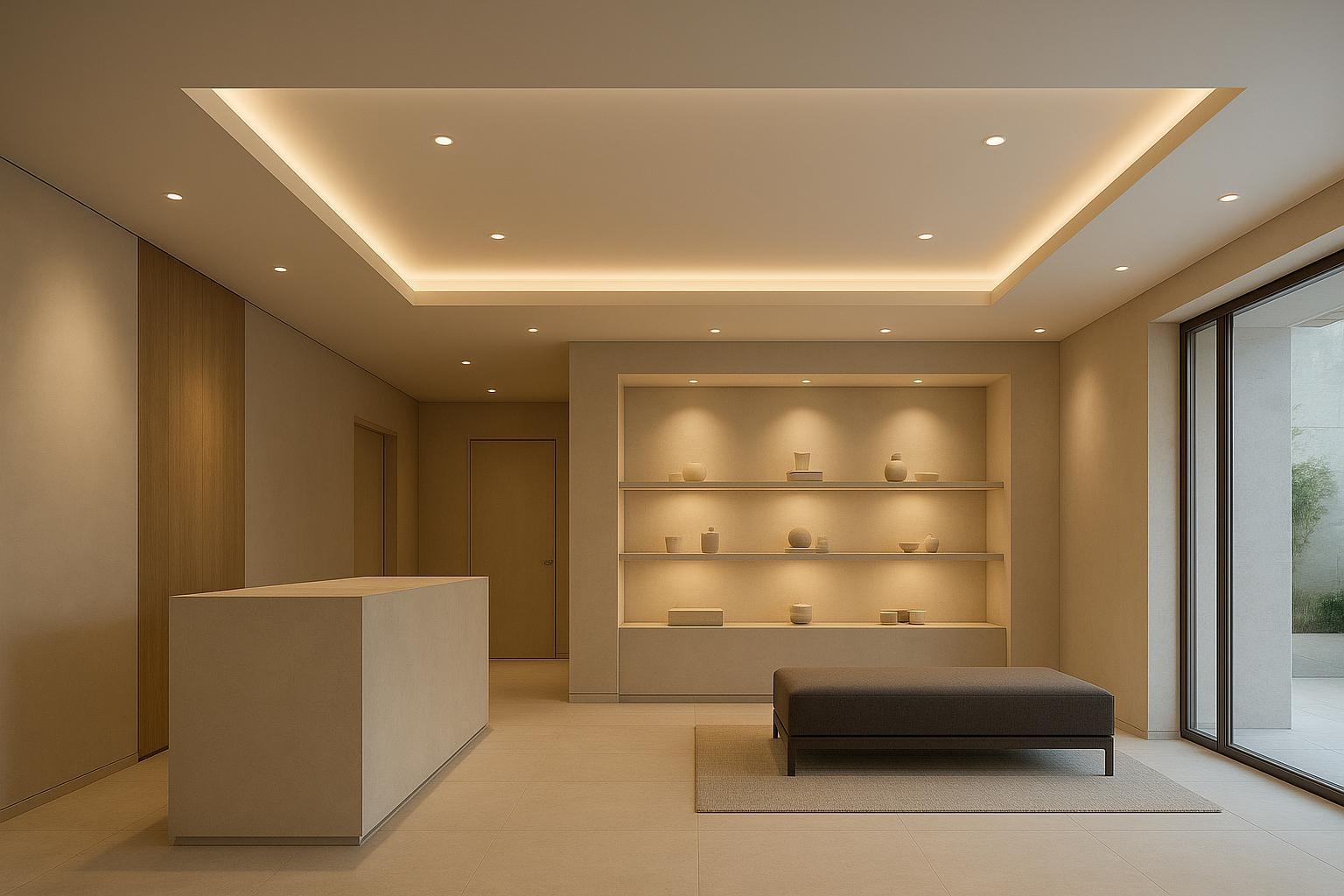Fotorealistische Boutique-Einzelhandels- oder Hotellobby mit geschichteter Deckenbeleuchtung und Akzent-Highlights