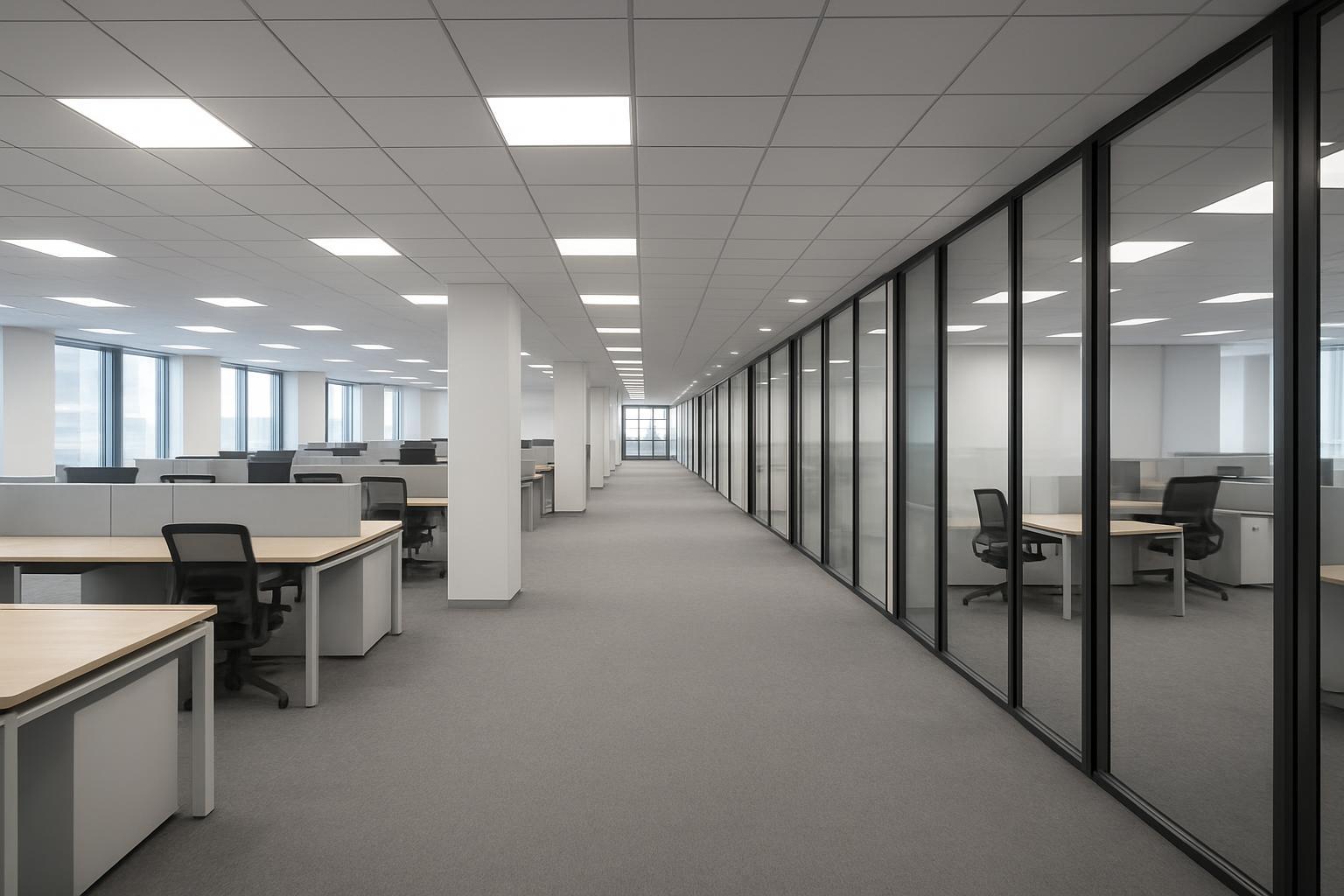 Modern office corridor with clean ceiling and evenly distributed lighting