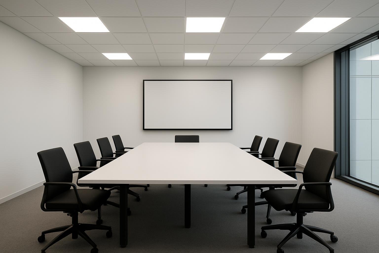 Modern office meeting room with balanced neutral lighting and ceiling panel lights